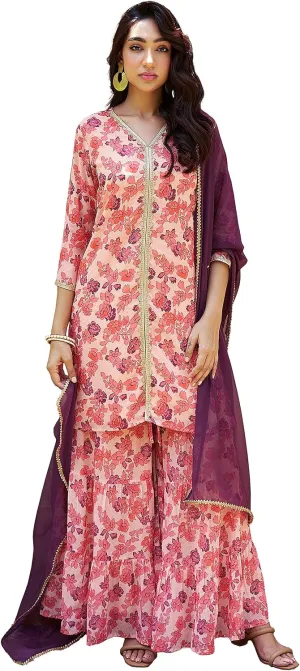 Janasya Indian Women's Flowy Floral Printed Kurta Kurti Top Tunic Festive Wedding Party wear Kurta with Pant and Dupatta