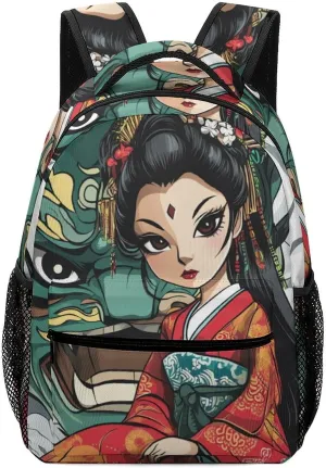 Japanese Geisha Ghost Mask Printed Laptop Backpack Durable Travel Daypack Casual Shoulder Bag for Sport Hiking