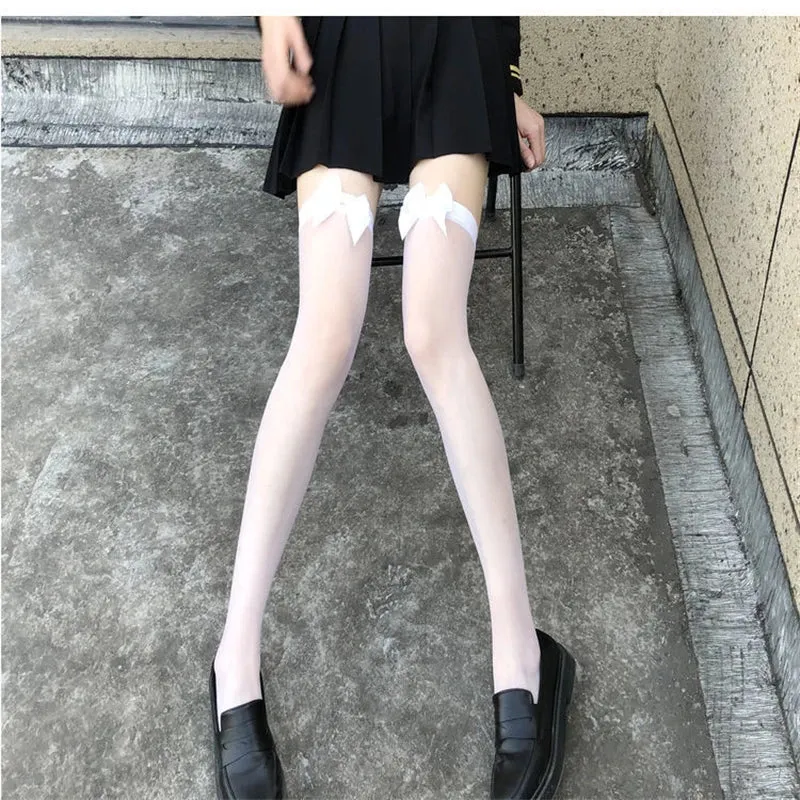 Japanese Style Stockings Lolita Bowknot Fishnet Knee Socks Anti-Snagging Women Hollow Lace Stocking Fish Net Pantyhose