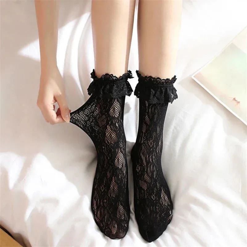 Japanese Style Stockings Lolita Bowknot Fishnet Knee Socks Anti-Snagging Women Hollow Lace Stocking Fish Net Pantyhose