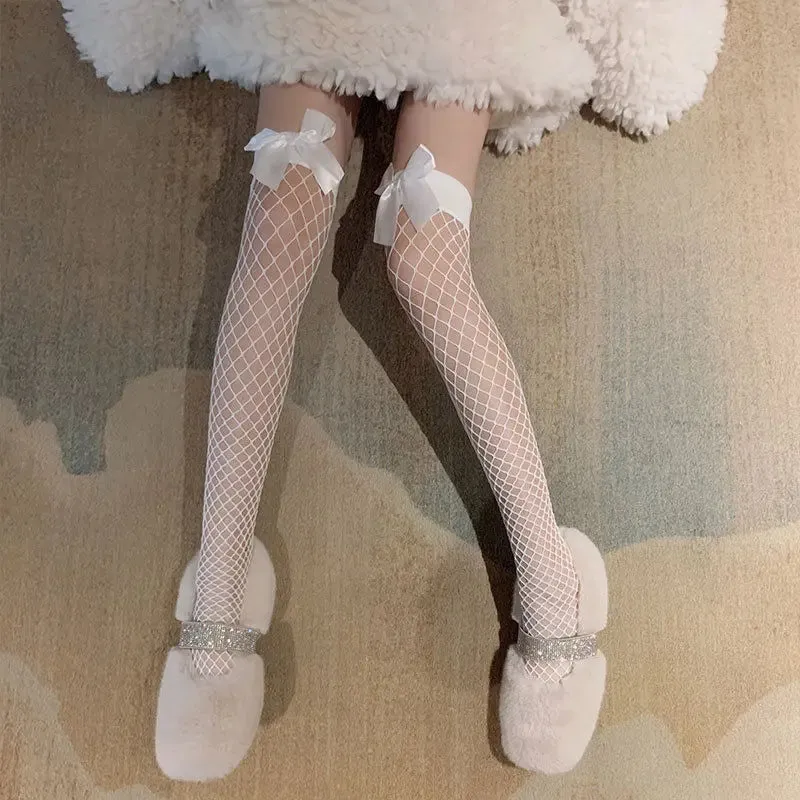 Japanese Style Stockings Lolita Bowknot Fishnet Knee Socks Anti-Snagging Women Hollow Lace Stocking Fish Net Pantyhose