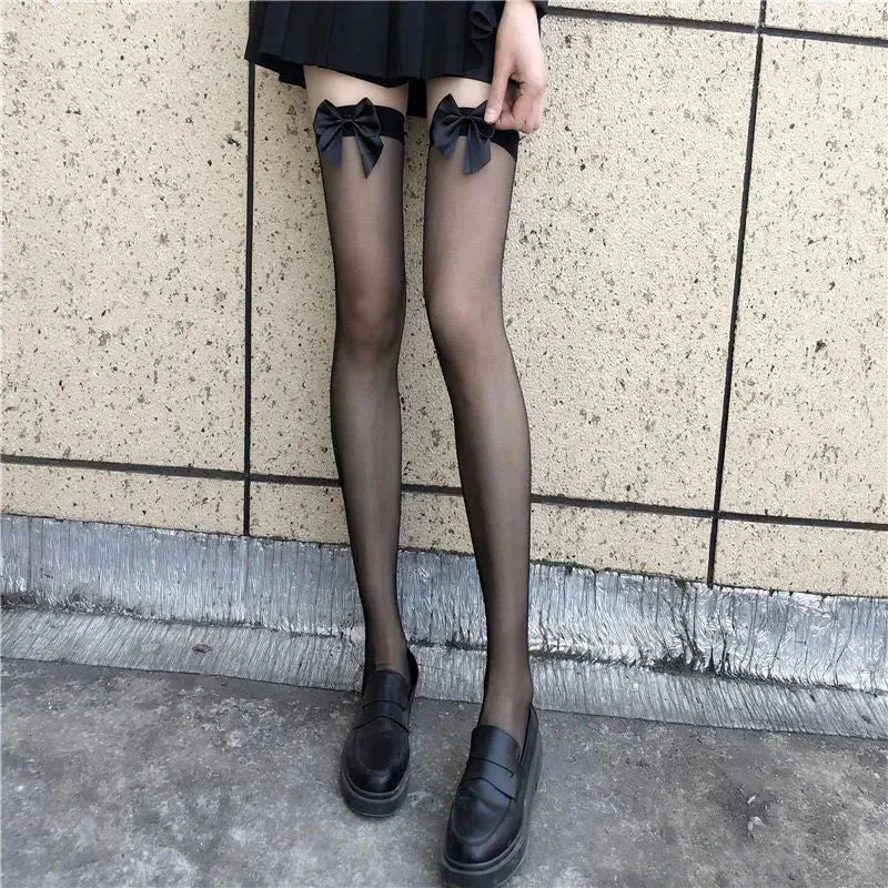 Japanese Style Stockings Lolita Bowknot Fishnet Knee Socks Anti-Snagging Women Hollow Lace Stocking Fish Net Pantyhose