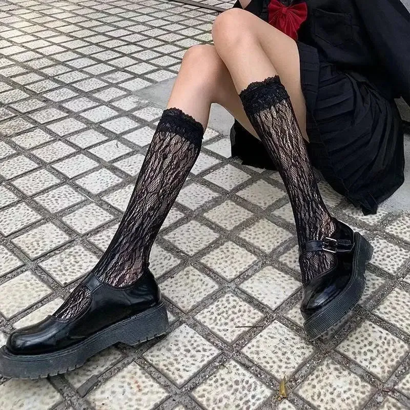 Japanese Style Stockings Lolita Bowknot Fishnet Knee Socks Anti-Snagging Women Hollow Lace Stocking Fish Net Pantyhose