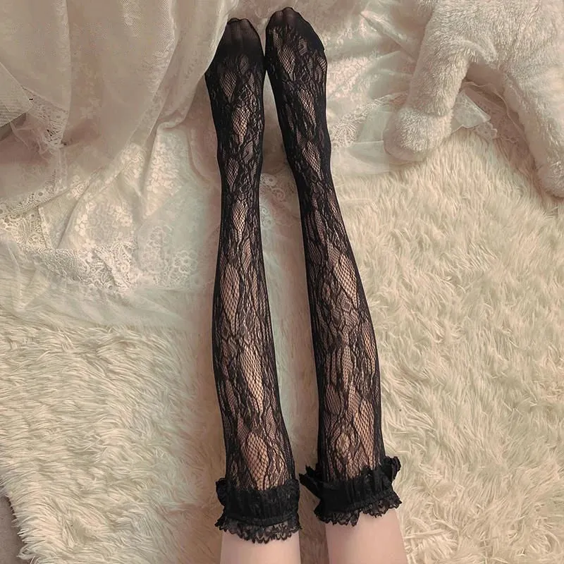 Japanese Style Stockings Lolita Bowknot Fishnet Knee Socks Anti-Snagging Women Hollow Lace Stocking Fish Net Pantyhose