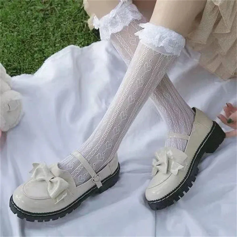Japanese Style Stockings Lolita Bowknot Fishnet Knee Socks Anti-Snagging Women Hollow Lace Stocking Fish Net Pantyhose