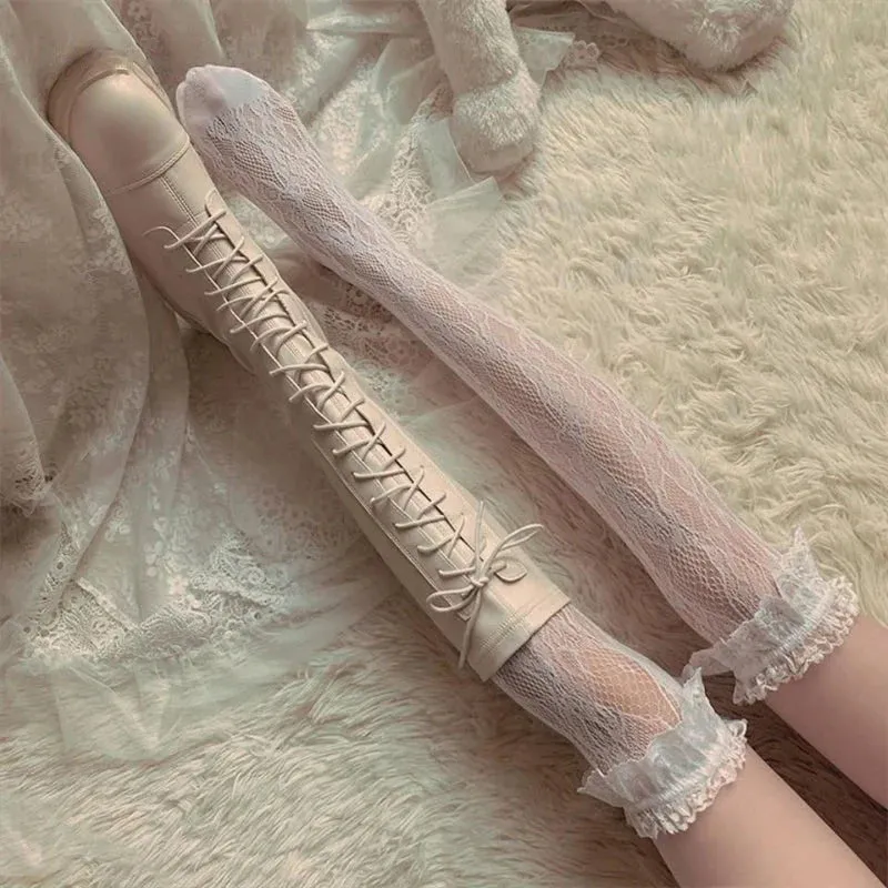 Japanese Style Stockings Lolita Bowknot Fishnet Knee Socks Anti-Snagging Women Hollow Lace Stocking Fish Net Pantyhose