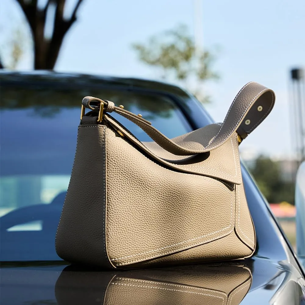 JIUFENG Genuine Leather Geometric Tote Handbag for Women, Womens Shoulder Bag Clutch Zipper Closure