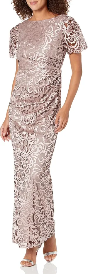 JS Collections Women's Embroidered Mesh Flutter Gown
