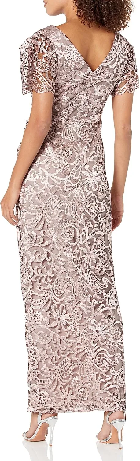 JS Collections Women's Embroidered Mesh Flutter Gown