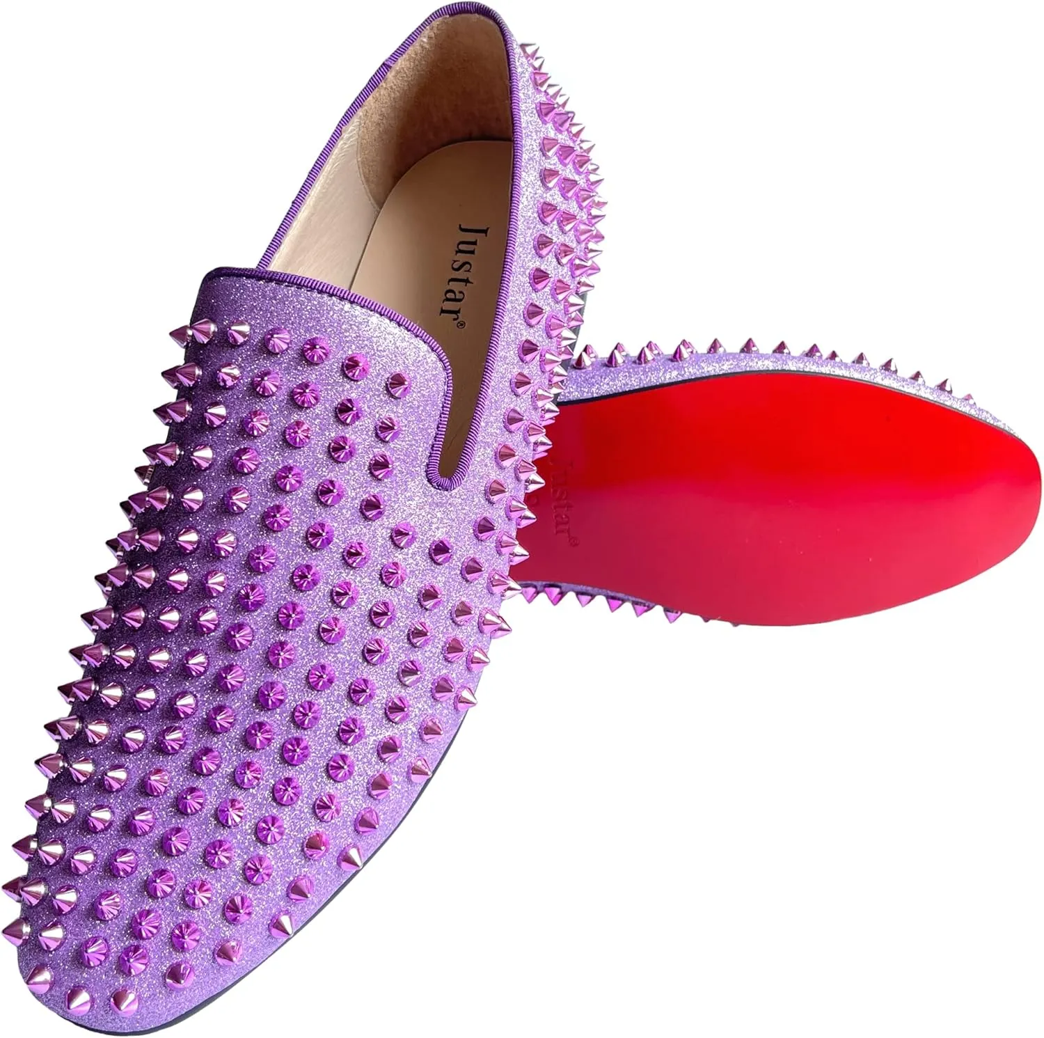 Justar Men's Leather Spikes Loafers Studded Dress Shoes Slip-on Flats Long Rivet Party Shoes