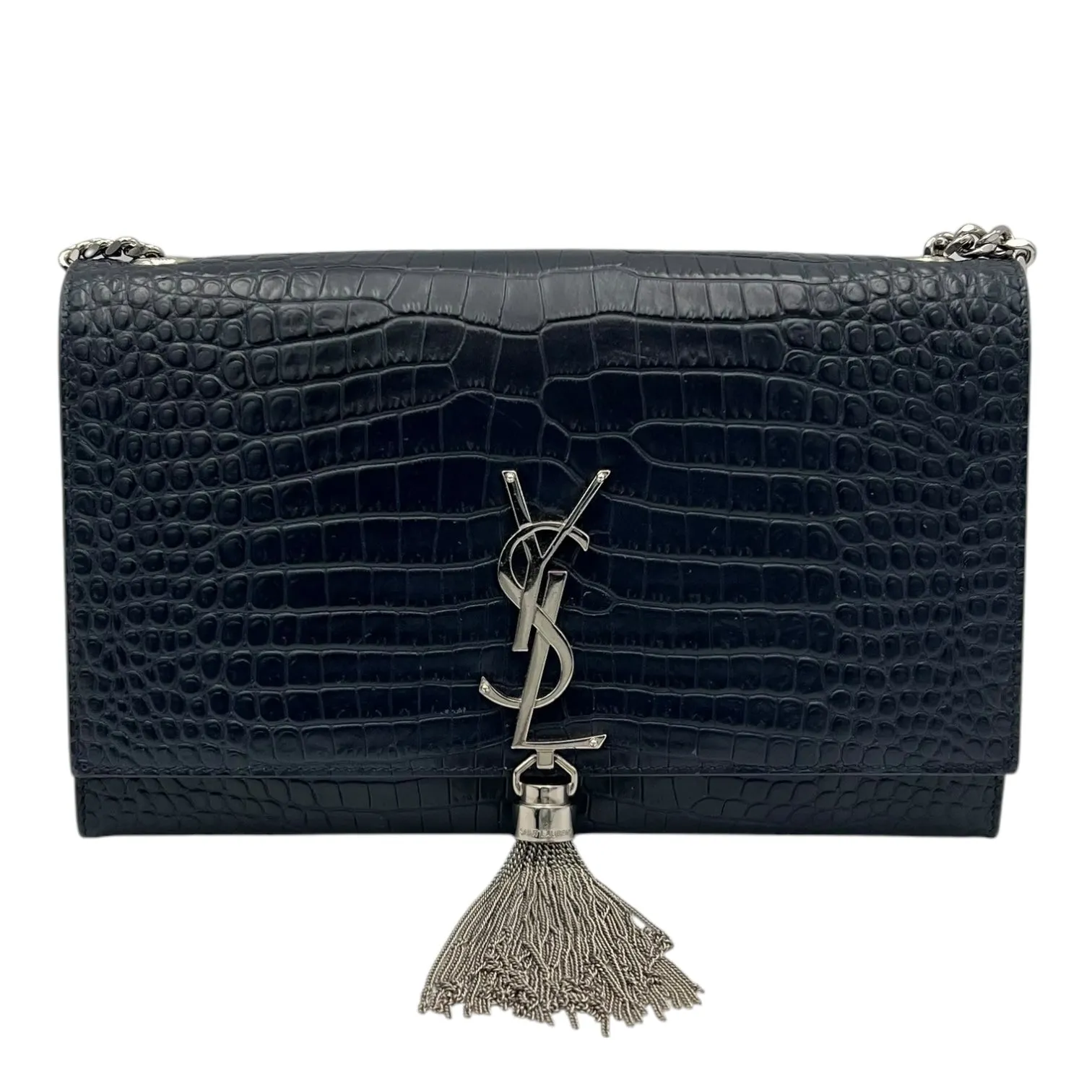 Kate Crossbody Bag Blue in Crocodile Embossed Calfskin, Silver hardware