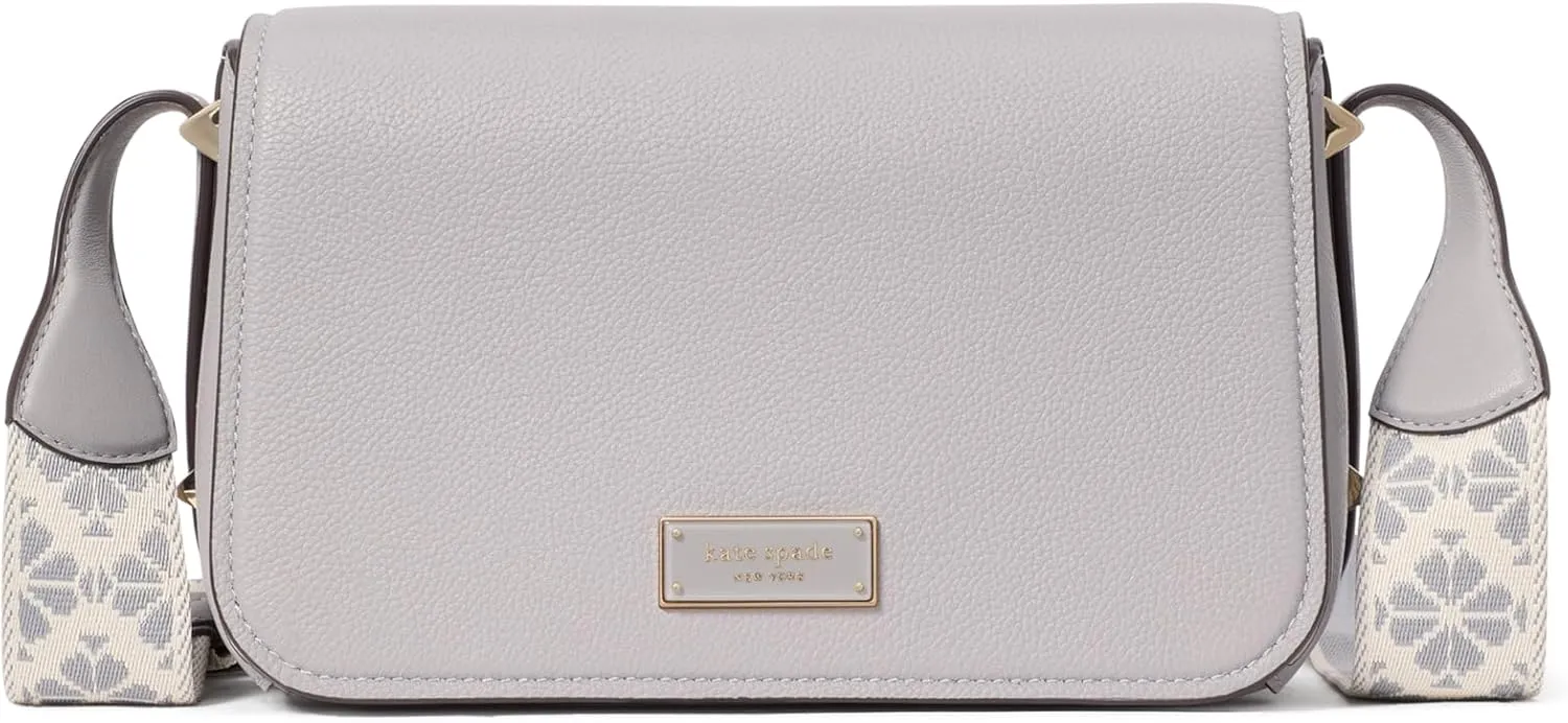 kate spade new york LIV Pebbled Leather Small Flap Crossbody with Webbed Strap, Nimbus Grey