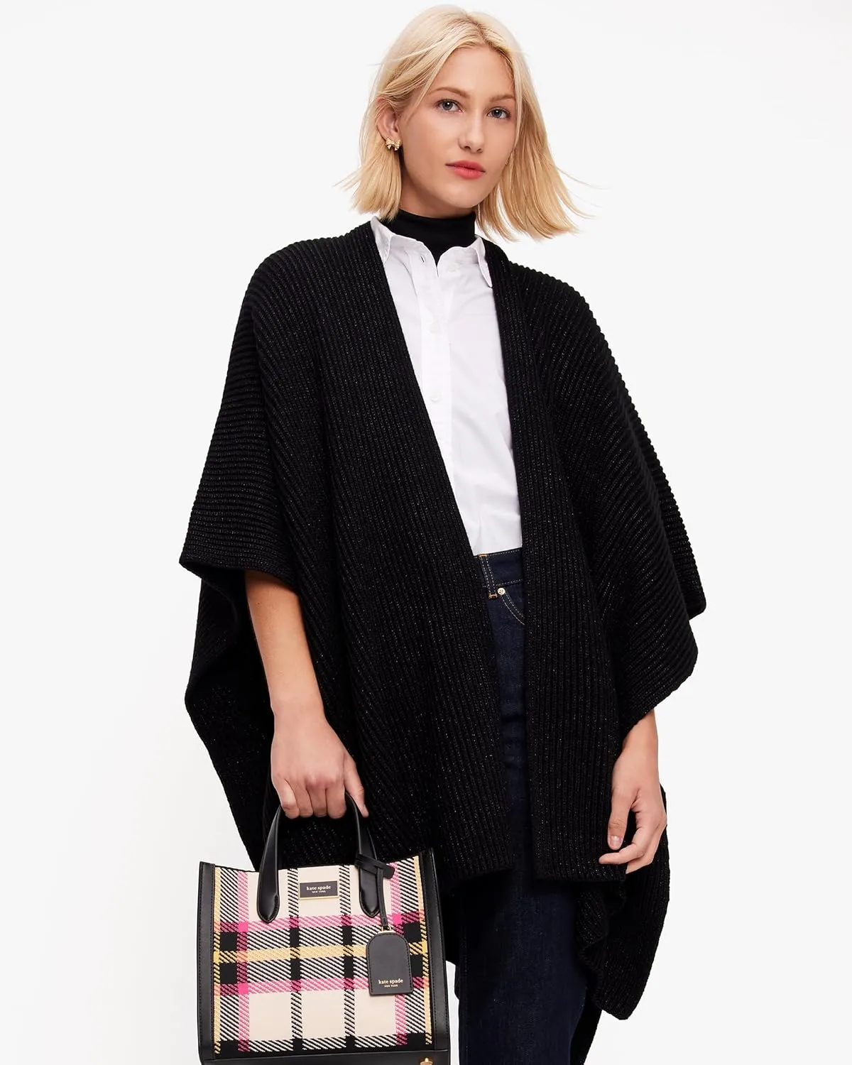 Kate Spade Women's Bow Rib Ruana, Black