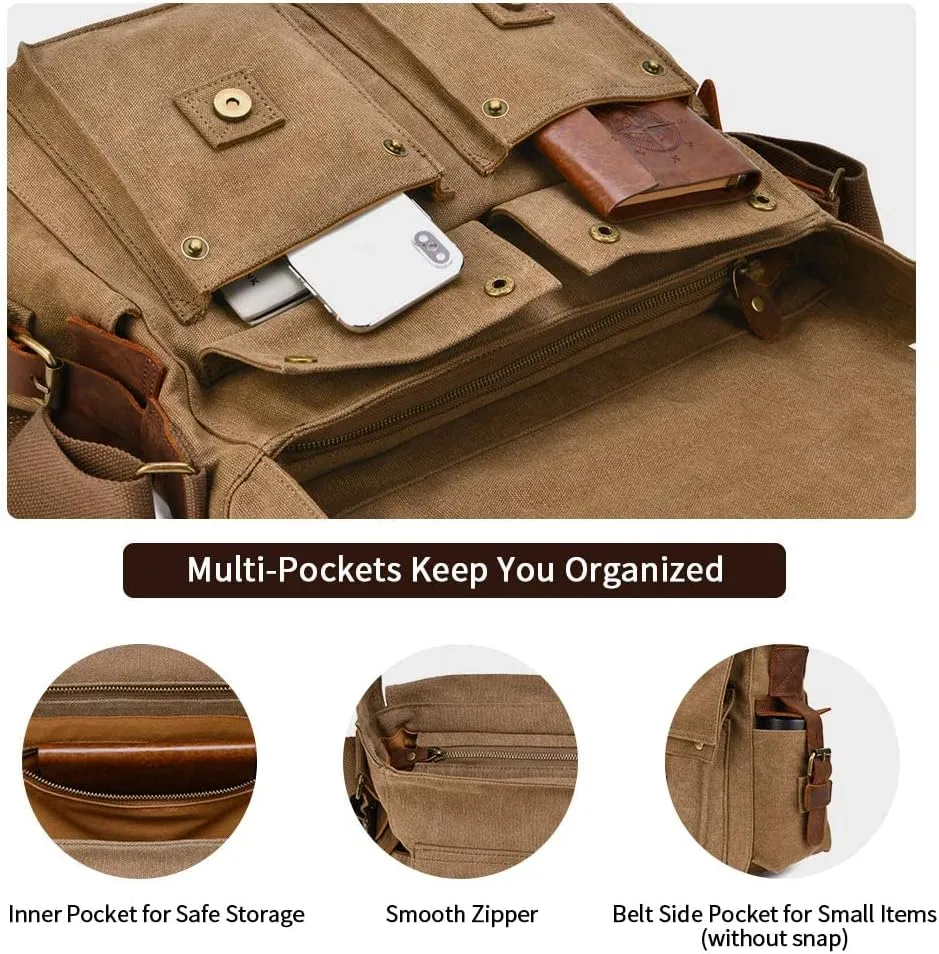 Kattee Military Messenger Bag Canvas Leather Shoulder Bag Fits 14.7/15.6 Inch Laptop