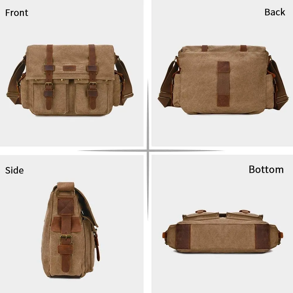 Kattee Military Messenger Bag Canvas Leather Shoulder Bag Fits 14.7/15.6 Inch Laptop