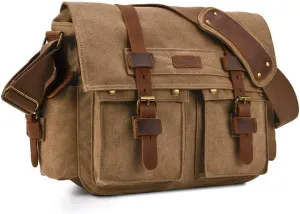 Kattee Military Messenger Bag Canvas Leather Shoulder Bag Fits 14.7/15.6 Inch Laptop