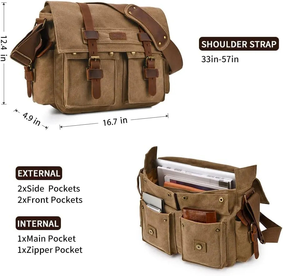 Kattee Military Messenger Bag Canvas Leather Shoulder Bag Fits 14.7/15.6 Inch Laptop