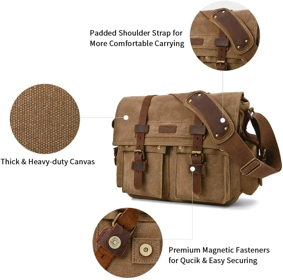 Kattee Military Messenger Bag Canvas Leather Shoulder Bag Fits 14.7/15.6 Inch Laptop