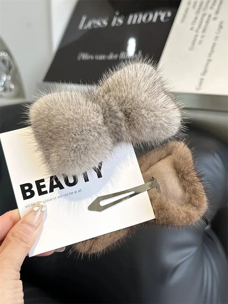 Kawaii Luxury Mink Fur Bowknot Hairpin 🎀✨ Cute Plush Side Clip for Adorable Hair Styles! 💖