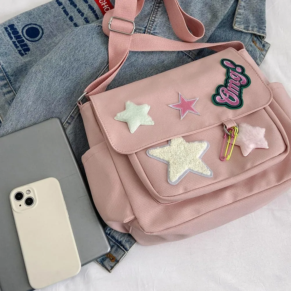 Kawaii Messenger Bag Cute Crossbody Bag Kawaii Aesthetic Shoulder Bag for Women Canvas Flap Messenger Bag