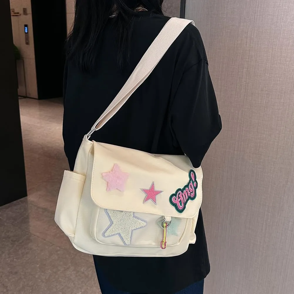 Kawaii Messenger Bag Cute Crossbody Bag Kawaii Aesthetic Shoulder Bag for Women Canvas Flap Messenger Bag