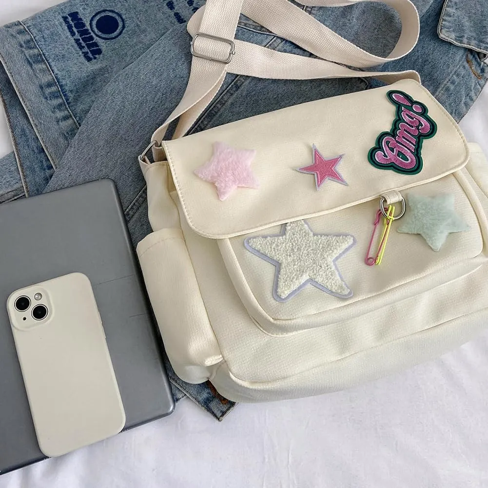 Kawaii Messenger Bag Cute Crossbody Bag Kawaii Aesthetic Shoulder Bag for Women Canvas Flap Messenger Bag