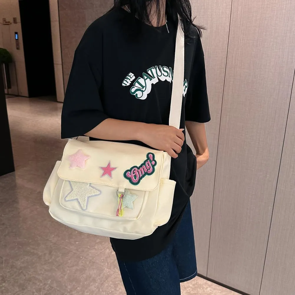 Kawaii Messenger Bag Cute Crossbody Bag Kawaii Aesthetic Shoulder Bag for Women Canvas Flap Messenger Bag