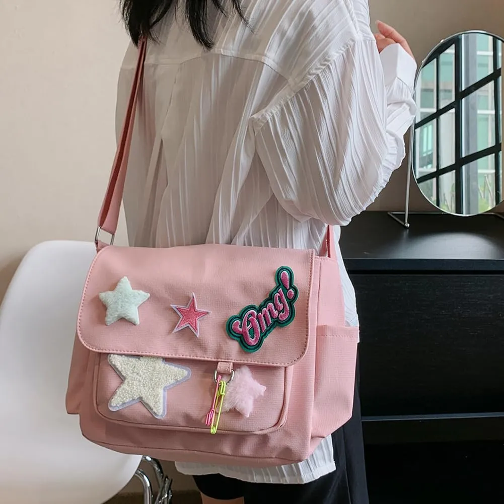 Kawaii Messenger Bag Cute Crossbody Bag Kawaii Aesthetic Shoulder Bag for Women Canvas Flap Messenger Bag