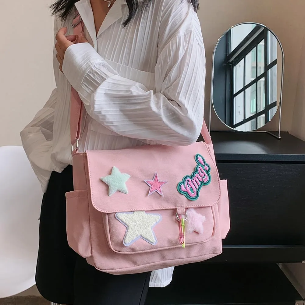 Kawaii Messenger Bag Cute Crossbody Bag Kawaii Aesthetic Shoulder Bag for Women Canvas Flap Messenger Bag