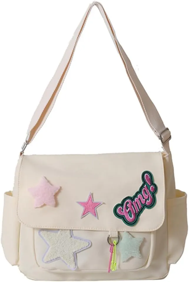 Kawaii Messenger Bag Cute Crossbody Bag Kawaii Aesthetic Shoulder Bag for Women Canvas Flap Messenger Bag