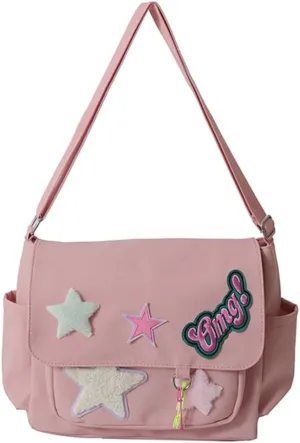 Kawaii Messenger Bag Cute Crossbody Bag Kawaii Aesthetic Shoulder Bag for Women Canvas Flap Messenger Bag