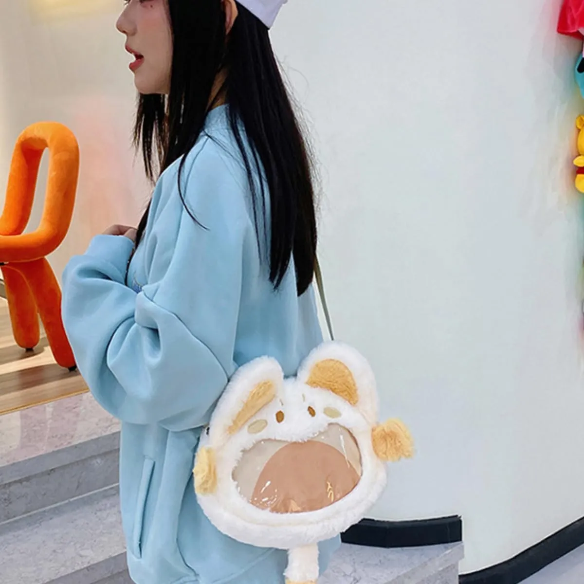 Kawaii Pink Cat Ita Bag Crossbody Cute Pin Display Bag Y2K Plush Backpack for Anime Cosplay Reflective (Black,Crossbody)
