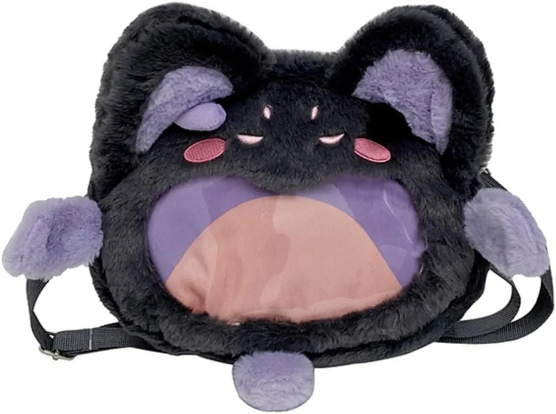 Kawaii Pink Cat Ita Bag Crossbody Cute Pin Display Bag Y2K Plush Backpack for Anime Cosplay Reflective (Black,Crossbody)