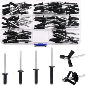 Keadic 80Pcs Blind Rivet Assortment Set, 4 Sizes Pop Rivets Black Tri-fold Exploding Pop Rivets (9/16", 3/4", 13/16, 1"), Black Large Flange Blind Rivets Aluminum Pop Rivets for Metal Furniture
