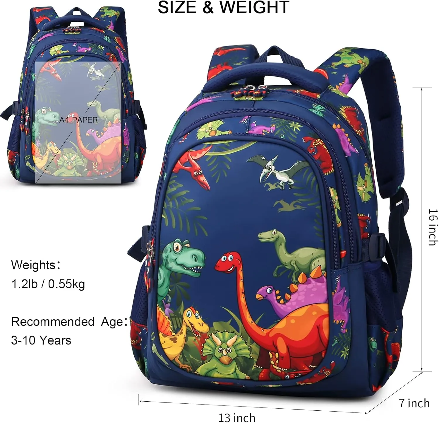 Kids Backpack Boys, Dinosaur Backpacks for Kids 5 , School Backpacks for Boys Elementary Students, Lightweight Waterproof Toddler Backpack with Adjustable Padded Straps