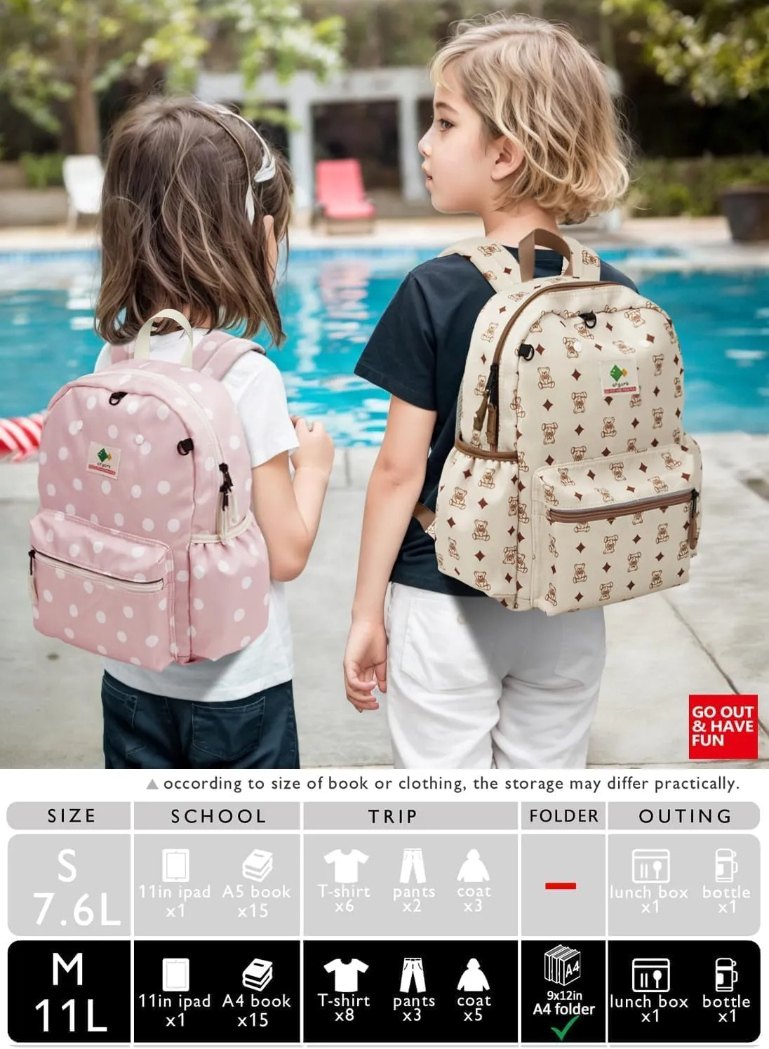 Kids Backpacks for Girls & Boys, Unisex Preschool Daypack, Beige Cartoon Pattern, Zipper Closure, Shoulder Straps, 14" H, Medium (14" H), 1 L, Modern Style