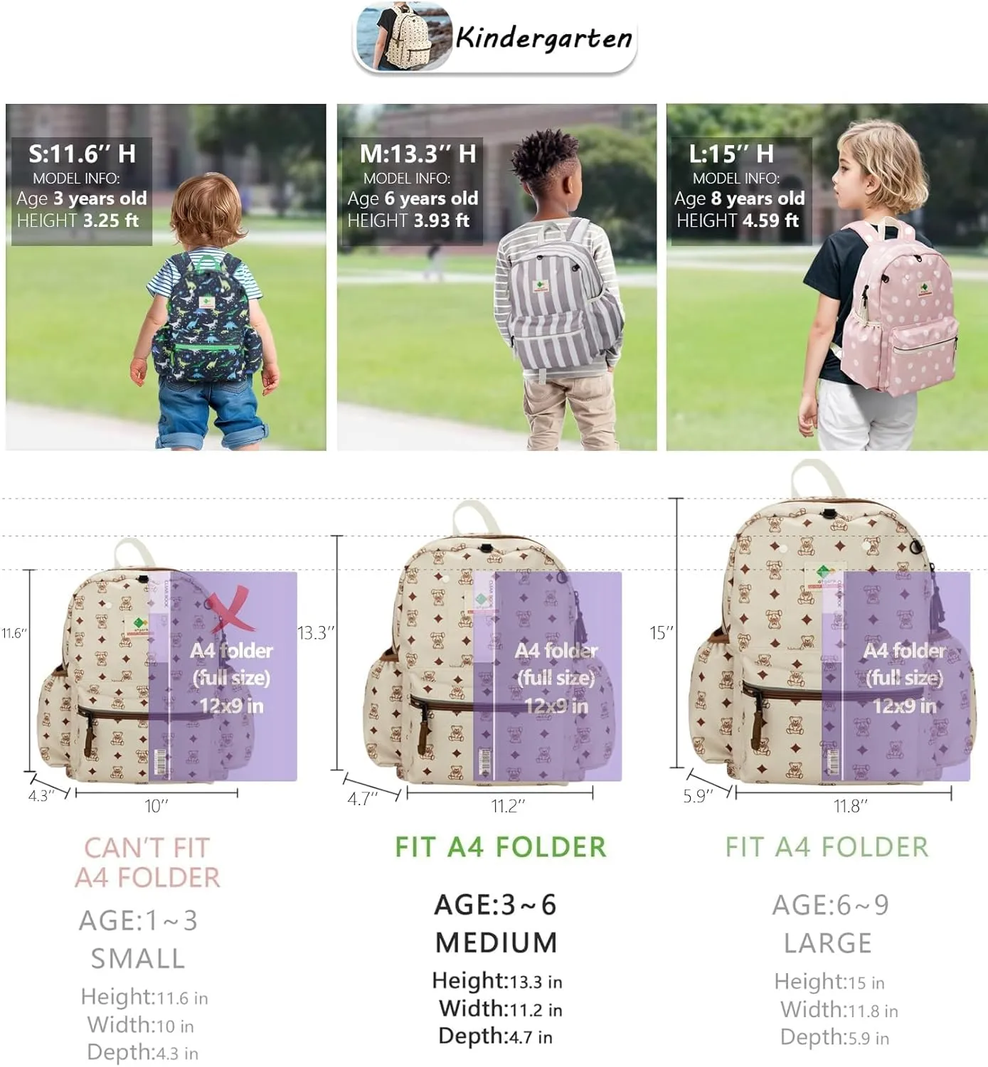 Kids Backpacks for Girls & Boys, Unisex Preschool Daypack, Beige Cartoon Pattern, Zipper Closure, Shoulder Straps, 14" H, Medium (14" H), 1 L, Modern Style