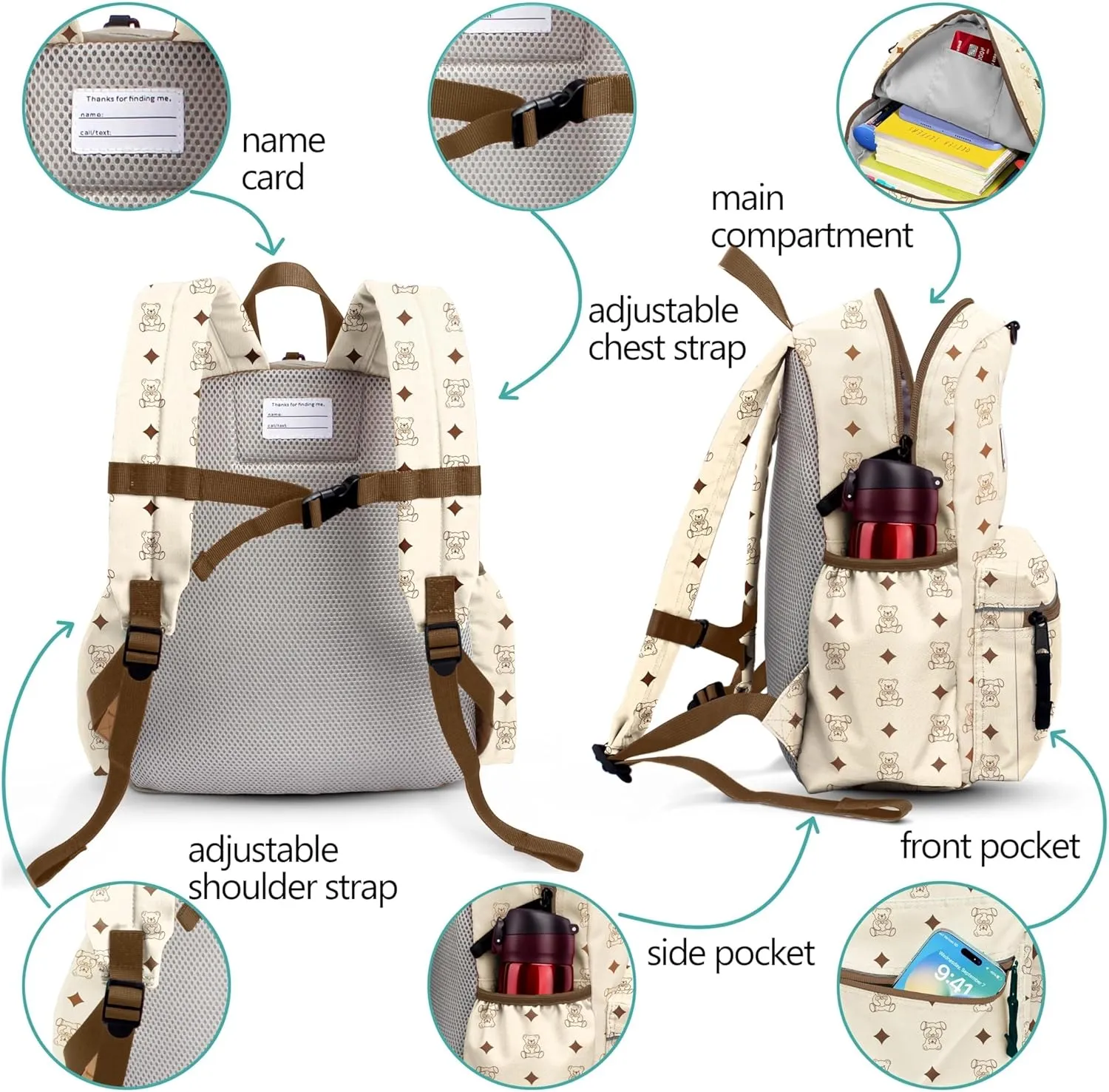 Kids Backpacks for Girls & Boys, Unisex Preschool Daypack, Beige Cartoon Pattern, Zipper Closure, Shoulder Straps, 14" H, Medium (14" H), 1 L, Modern Style