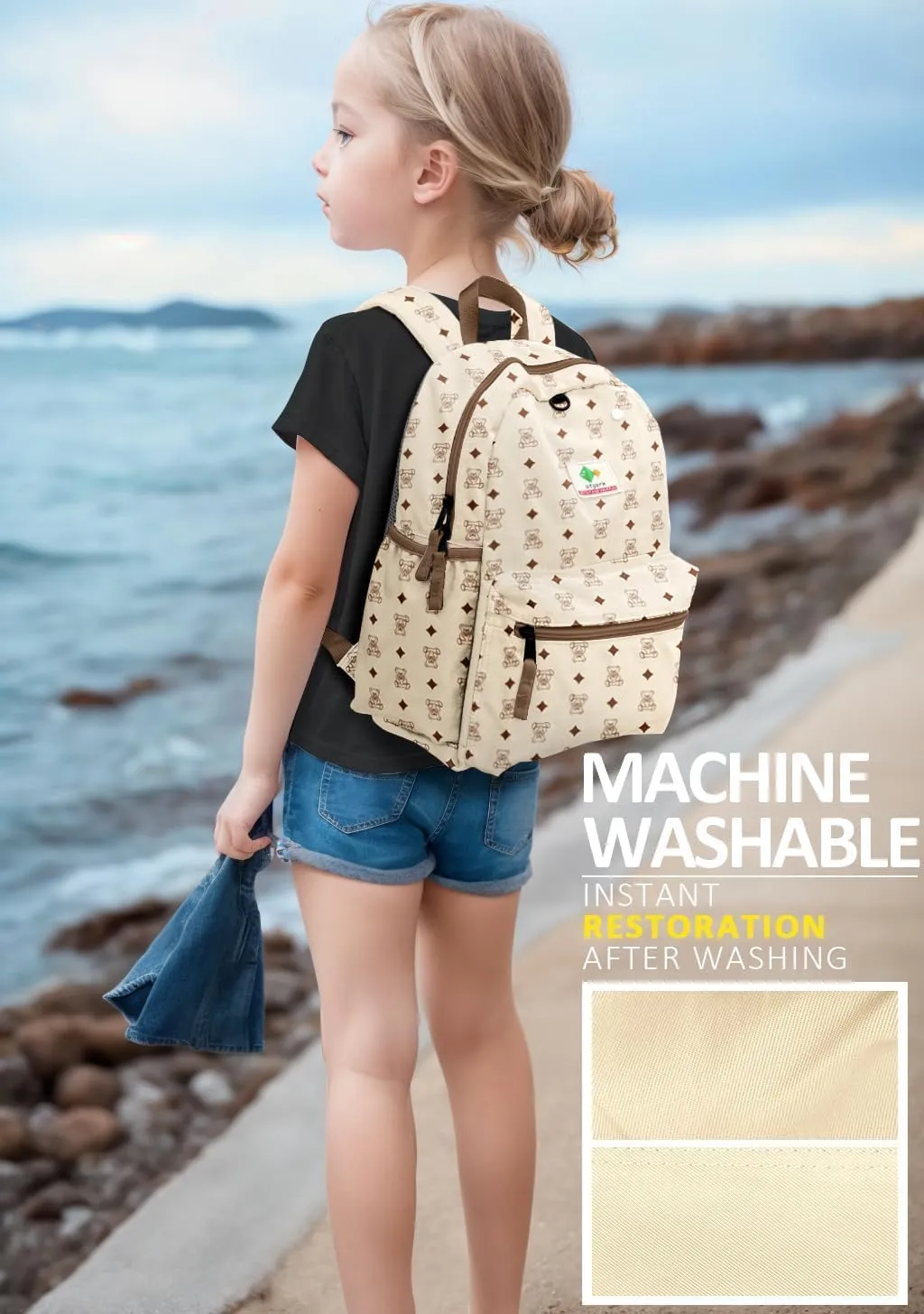 Kids Backpacks for Girls & Boys, Unisex Preschool Daypack, Beige Cartoon Pattern, Zipper Closure, Shoulder Straps, 14" H, Medium (14" H), 1 L, Modern Style