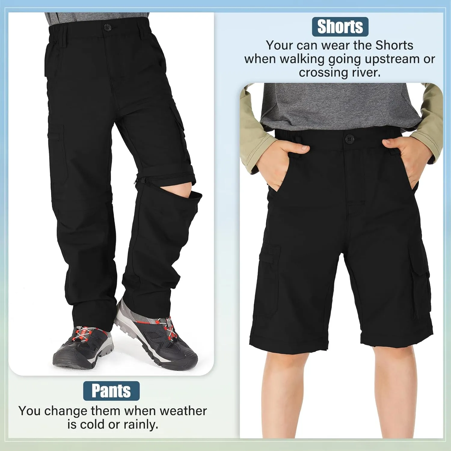 Kids' Cargo Pants, Boy's Casual Outdoor Quick Dry Waterproof Hiking Climbing Convertible Trousers