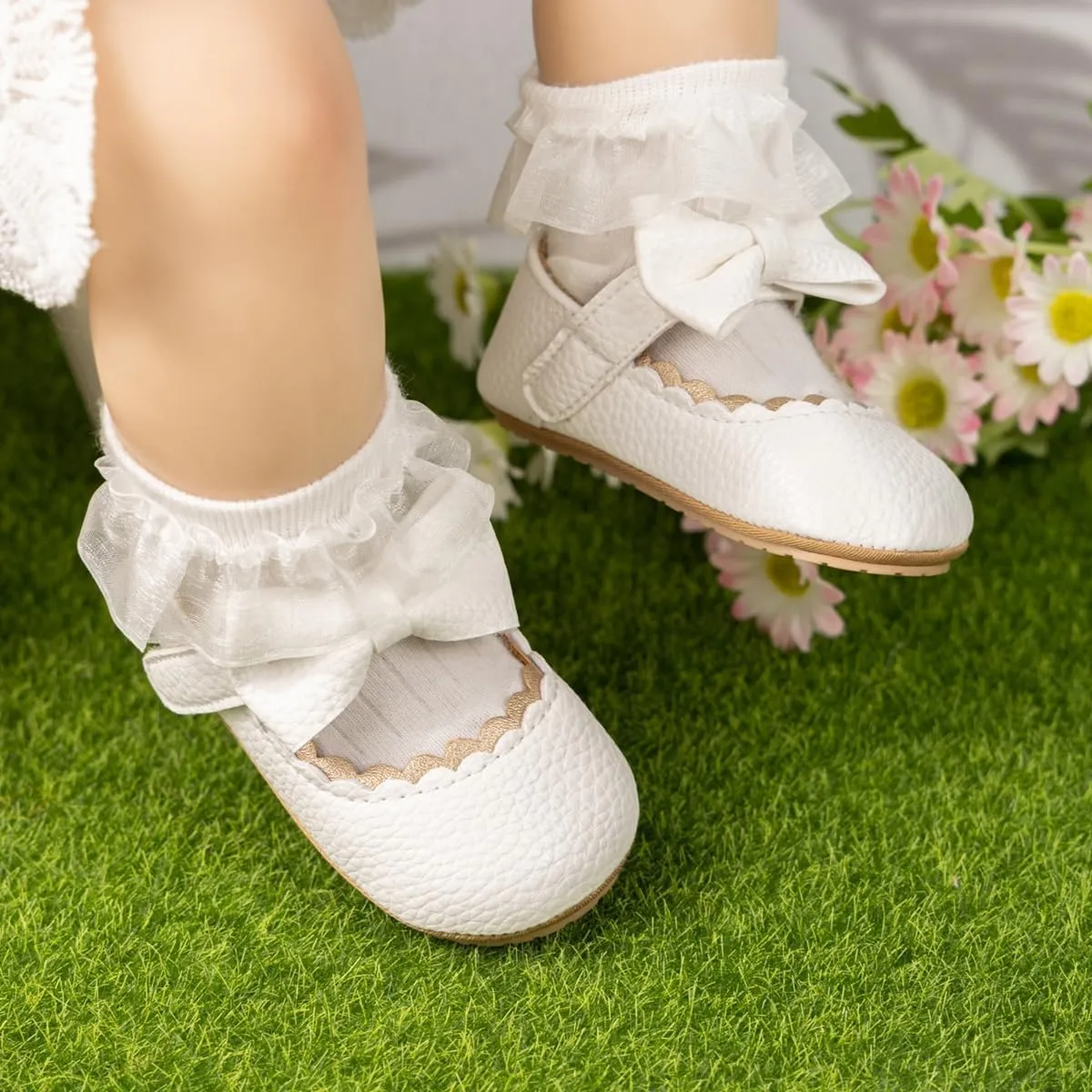 KIDSUN Infant Baby Girls Mary Jane Shoes Non-Slip Rubber Sole Ballet Slippers Princess Dress Wedding Shoes Newborn Crib Shoes First Walkers Shoes