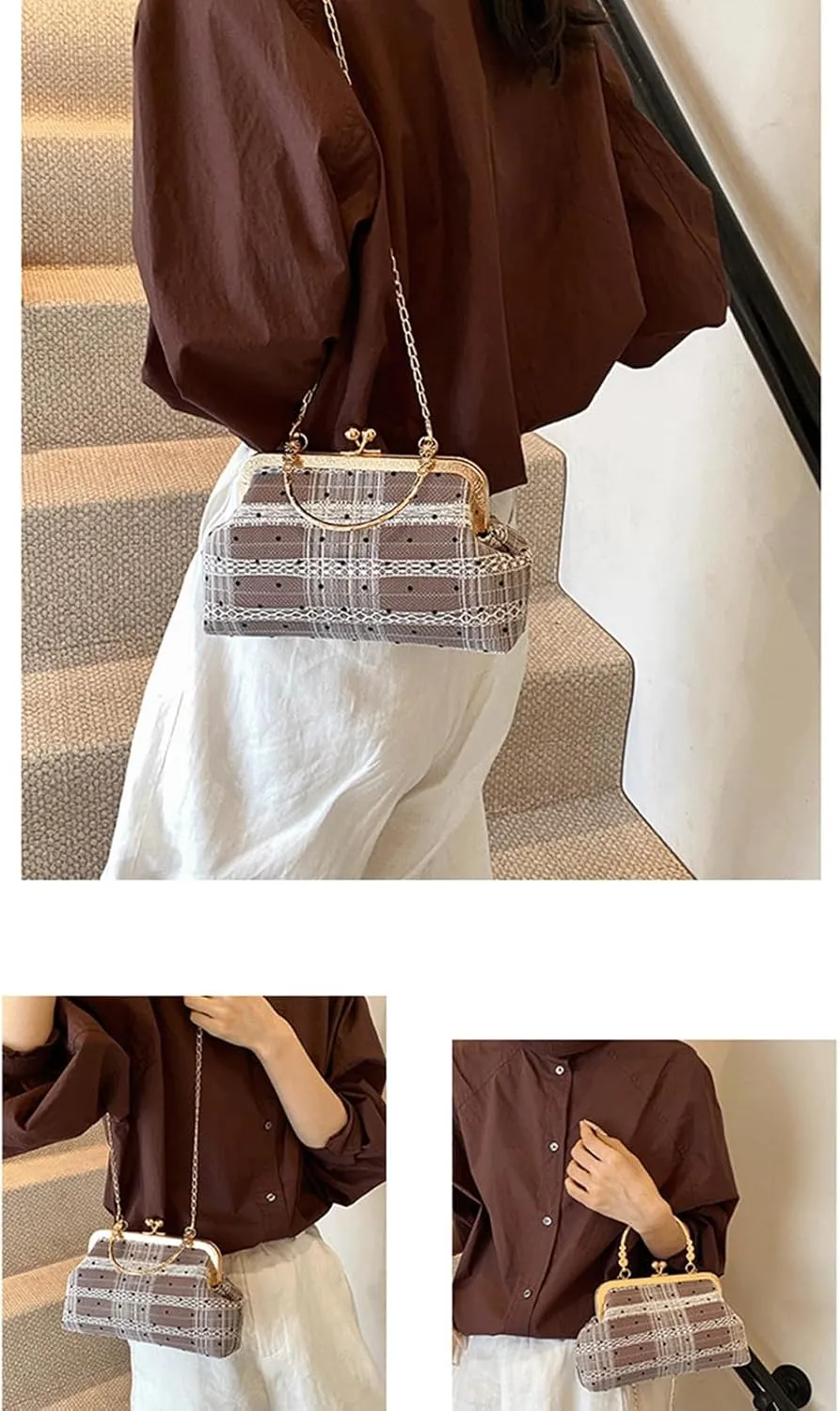 Kiss Lock Purse and Handbag for Women Polka Dot Medium Crossbody Bag Lace Handbags Kiss Clasp Tote Shoulder Bags