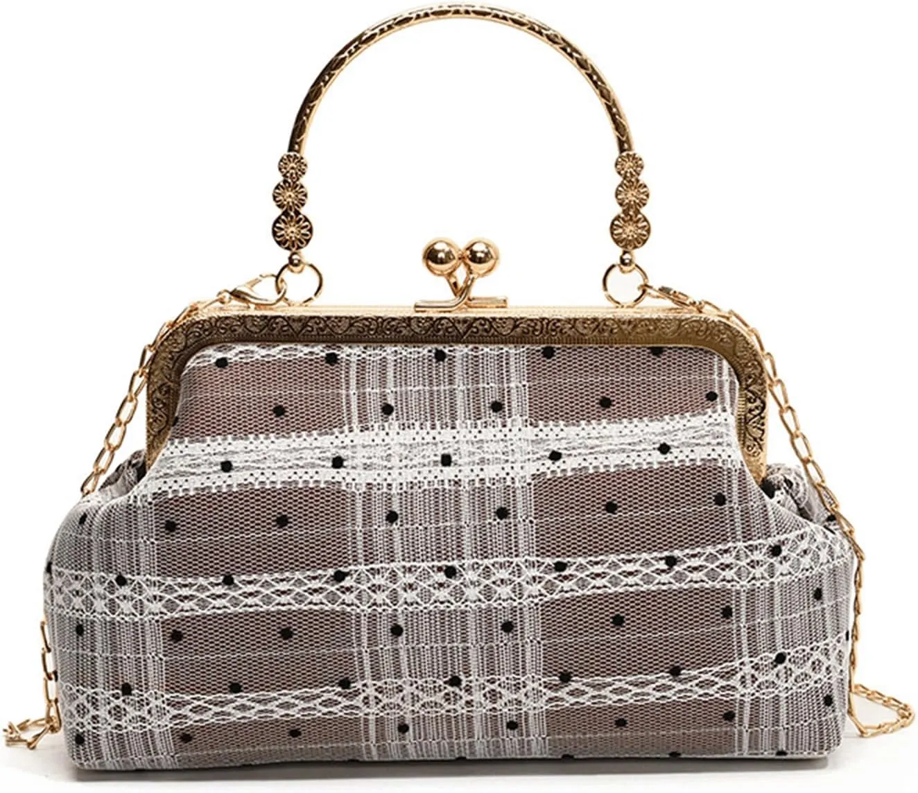 Kiss Lock Purse and Handbag for Women Polka Dot Medium Crossbody Bag Lace Handbags Kiss Clasp Tote Shoulder Bags