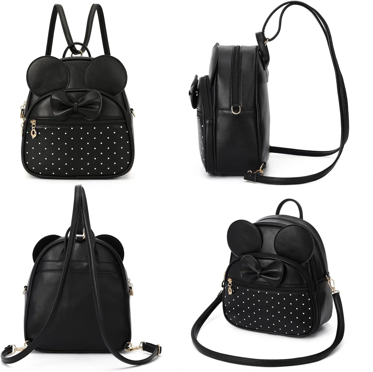 KL928 Girls Mini Backpack Bowknot Polka Dot Cute Daypacks Convertible Shoulder Bag Purse for Women (Black)