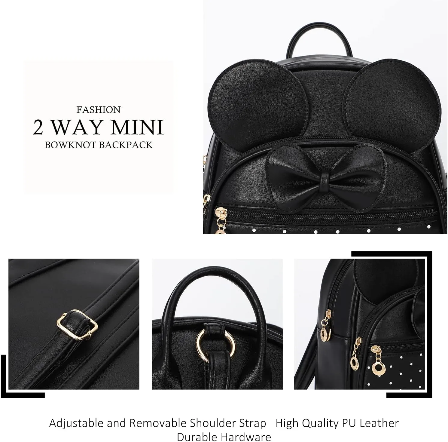 KL928 Girls Mini Backpack Bowknot Polka Dot Cute Daypacks Convertible Shoulder Bag Purse for Women (Black)