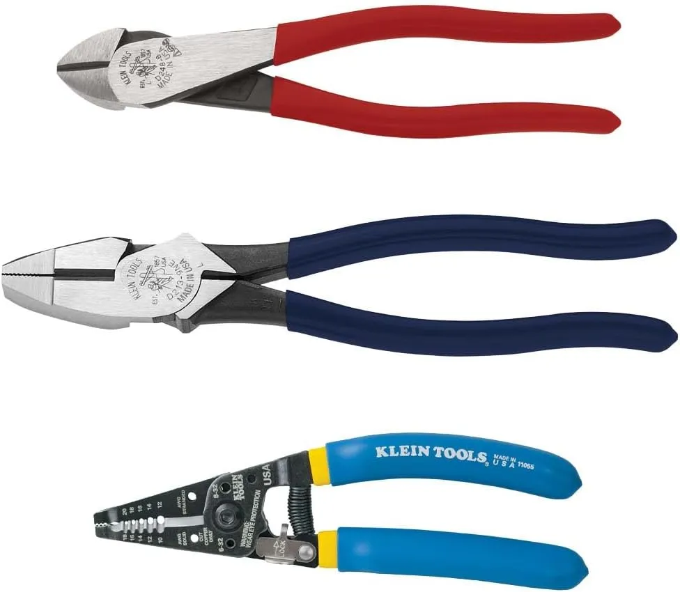 Klein Tools 80121 Stripper Plier Kit with Wire Strippers, Made in USA, Lineman Pliers and Diagonal Cutters, 3-Piece