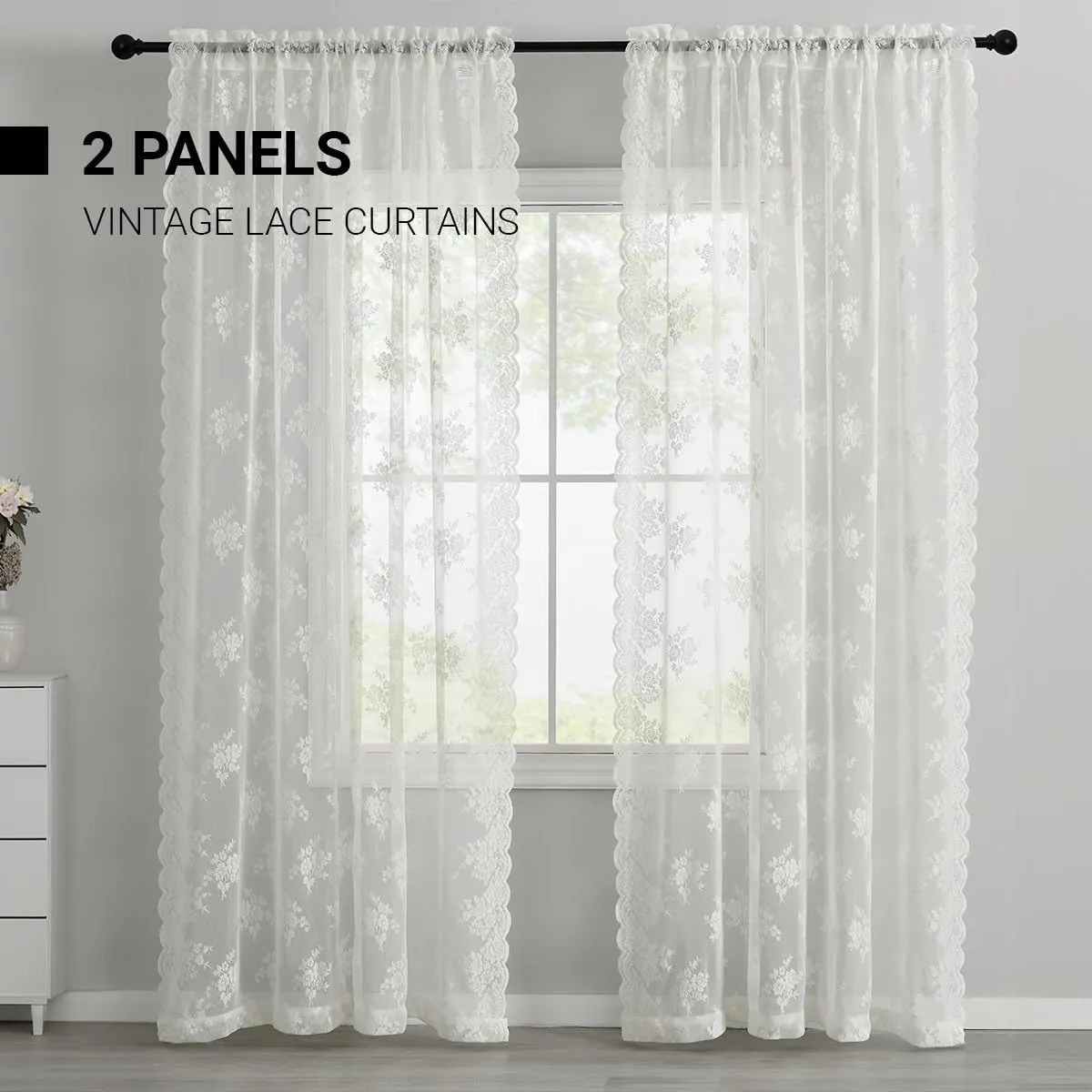 Kotile Ivory Lace Curtains 63 Inch Length - Premium Embroidery Floral Sheer Lace Curtains for Bedroom, Scalloped Trim Country Sheer Window Curtain Panels, 52 x 63 Inch, 2 Panels, Ivory/Cream
