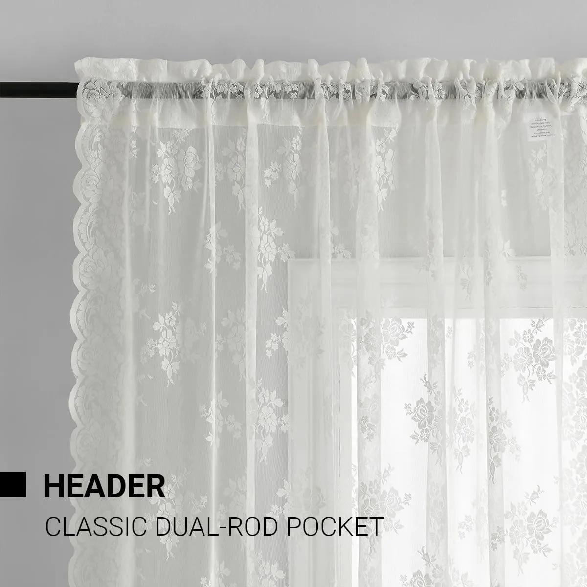 Kotile Ivory Lace Curtains 63 Inch Length - Premium Embroidery Floral Sheer Lace Curtains for Bedroom, Scalloped Trim Country Sheer Window Curtain Panels, 52 x 63 Inch, 2 Panels, Ivory/Cream