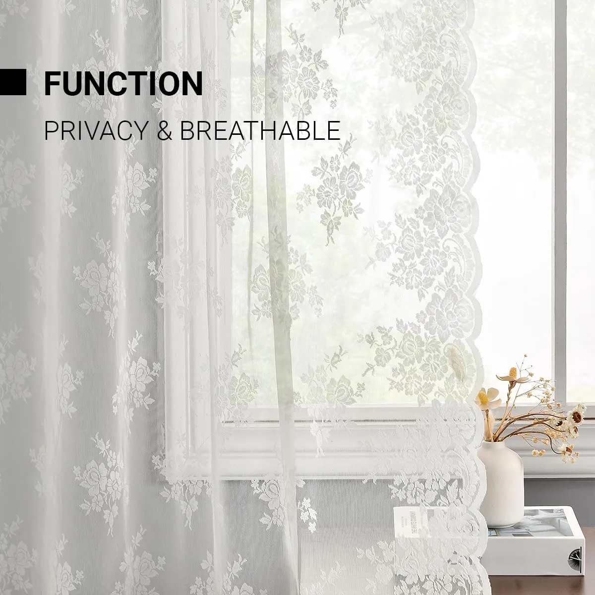 Kotile Ivory Lace Curtains 63 Inch Length - Premium Embroidery Floral Sheer Lace Curtains for Bedroom, Scalloped Trim Country Sheer Window Curtain Panels, 52 x 63 Inch, 2 Panels, Ivory/Cream