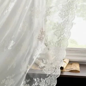 Kotile Ivory Lace Curtains 63 Inch Length - Premium Embroidery Floral Sheer Lace Curtains for Bedroom, Scalloped Trim Country Sheer Window Curtain Panels, 52 x 63 Inch, 2 Panels, Ivory/Cream